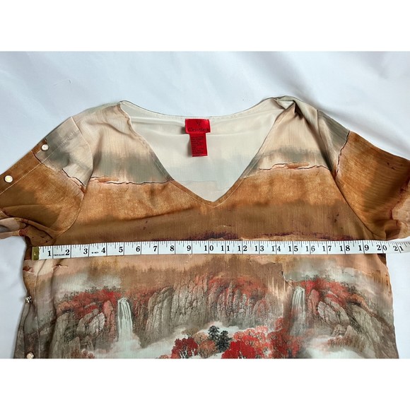 V Cristina Colorful Tunic Blouse sze L Pearls Scenery Novelty 3/4 Sleeve Chiffon - Picture 6 of 8